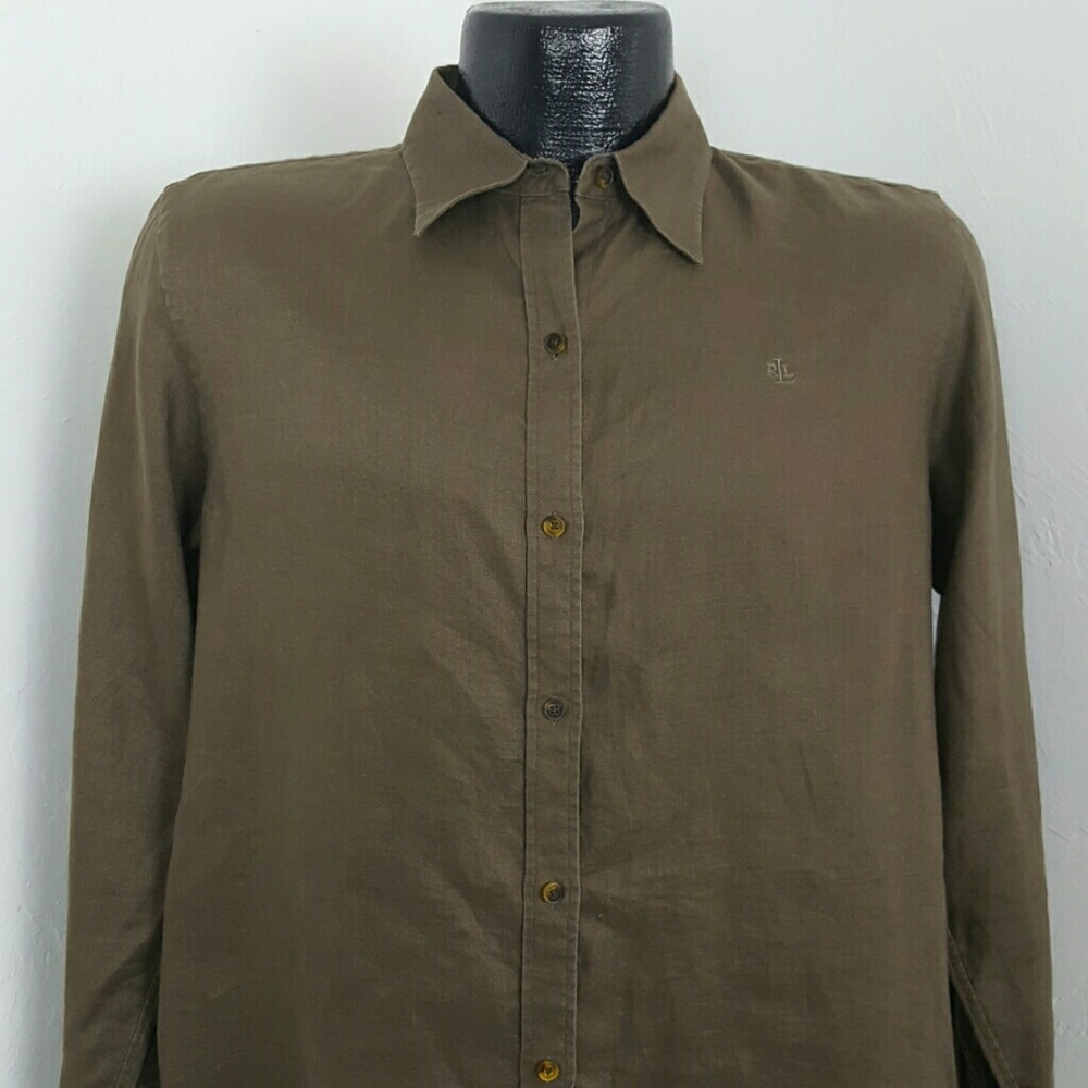 Lauren Ralph Lauren linen green long sleeve solid button down women size M